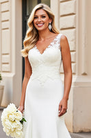 Load image into Gallery viewer, Simple Ivory Mermaid Satin Sweep Train V Neck Wedding Dress with Lace