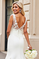 Load image into Gallery viewer, Simple Ivory Mermaid Satin Sweep Train V Neck Wedding Dress with Lace