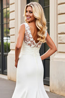 Load image into Gallery viewer, Simple Ivory Mermaid Satin Sweep Train V Neck Wedding Dress with Lace
