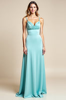 Load image into Gallery viewer, Light Blue Sheath Satin V-Neck Long Bridesmaid Dress