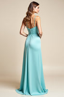 Load image into Gallery viewer, Light Blue Sheath Satin V-Neck Long Bridesmaid Dress