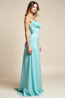 Load image into Gallery viewer, Light Blue Sheath Satin V-Neck Long Bridesmaid Dress