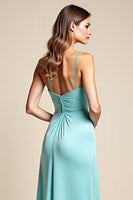 Load image into Gallery viewer, Light Blue Sheath Satin V-Neck Long Bridesmaid Dress