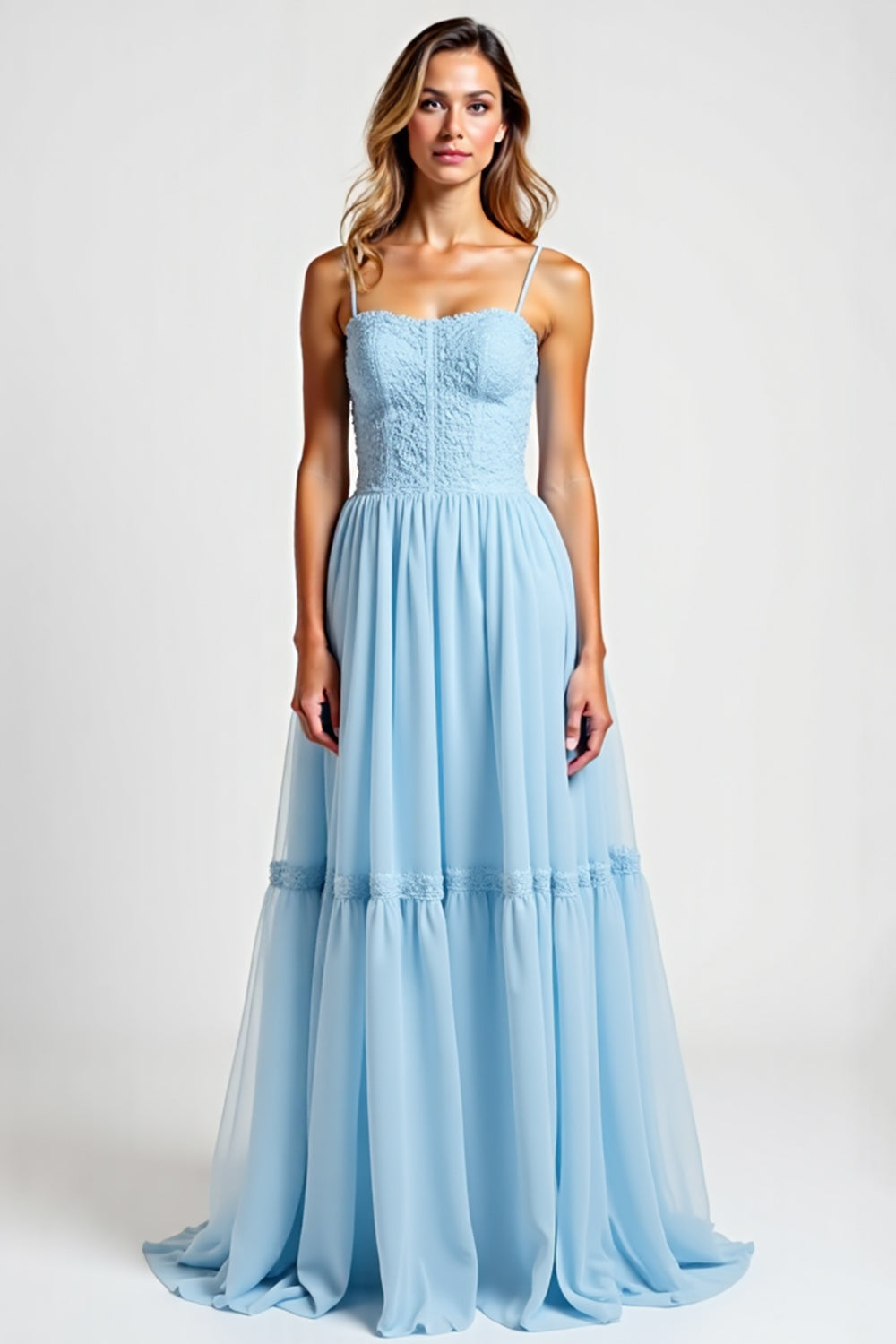 Sky Blue Chiffon A Line Long Bridesmaid Dress