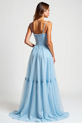 Sky Blue Chiffon A Line Long Bridesmaid Dress