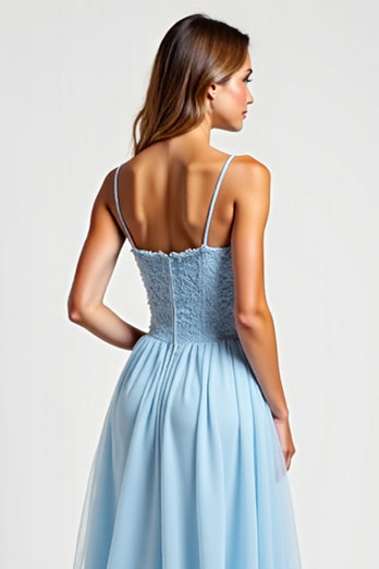 Sky Blue Chiffon A Line Long Bridesmaid Dress