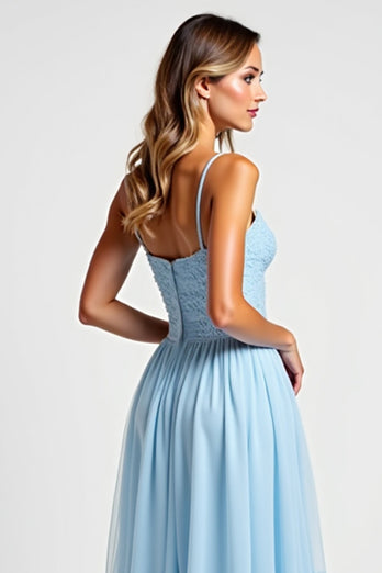 Sky Blue Chiffon A Line Long Bridesmaid Dress