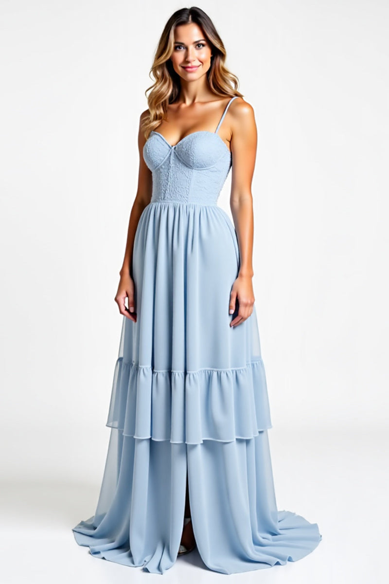 Load image into Gallery viewer, Sky Blue A Line Chiffon Sweetheart Backless Long Bridesmaid Dress