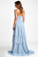 Load image into Gallery viewer, Sky Blue A Line Chiffon Sweetheart Backless Long Bridesmaid Dress