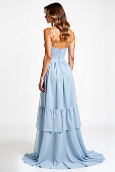 Sky Blue A Line Chiffon Sweetheart Backless Long Bridesmaid Dress