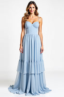 Load image into Gallery viewer, Sky Blue A Line Chiffon Sweetheart Backless Long Bridesmaid Dress