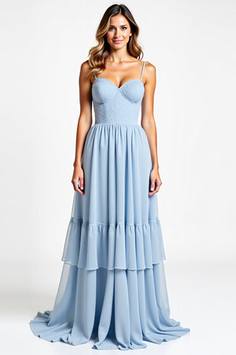 Sky Blue A Line Chiffon Sweetheart Backless Long Bridesmaid Dress