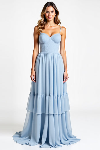 Sky Blue A Line Chiffon Sweetheart Backless Long Bridesmaid Dress
