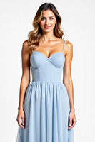 Load image into Gallery viewer, Sky Blue A Line Chiffon Sweetheart Backless Long Bridesmaid Dress