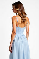 Load image into Gallery viewer, Sky Blue A Line Chiffon Sweetheart Backless Long Bridesmaid Dress