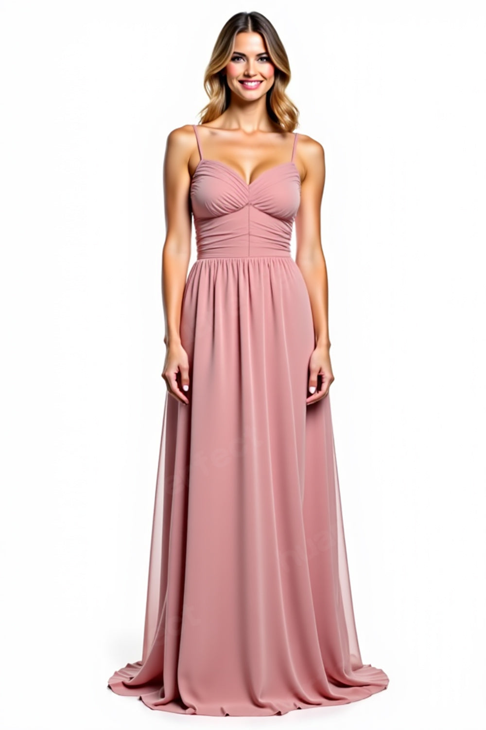 Dusty Rose A Line Chiffon V-Neck Long Bridesmaid Dress