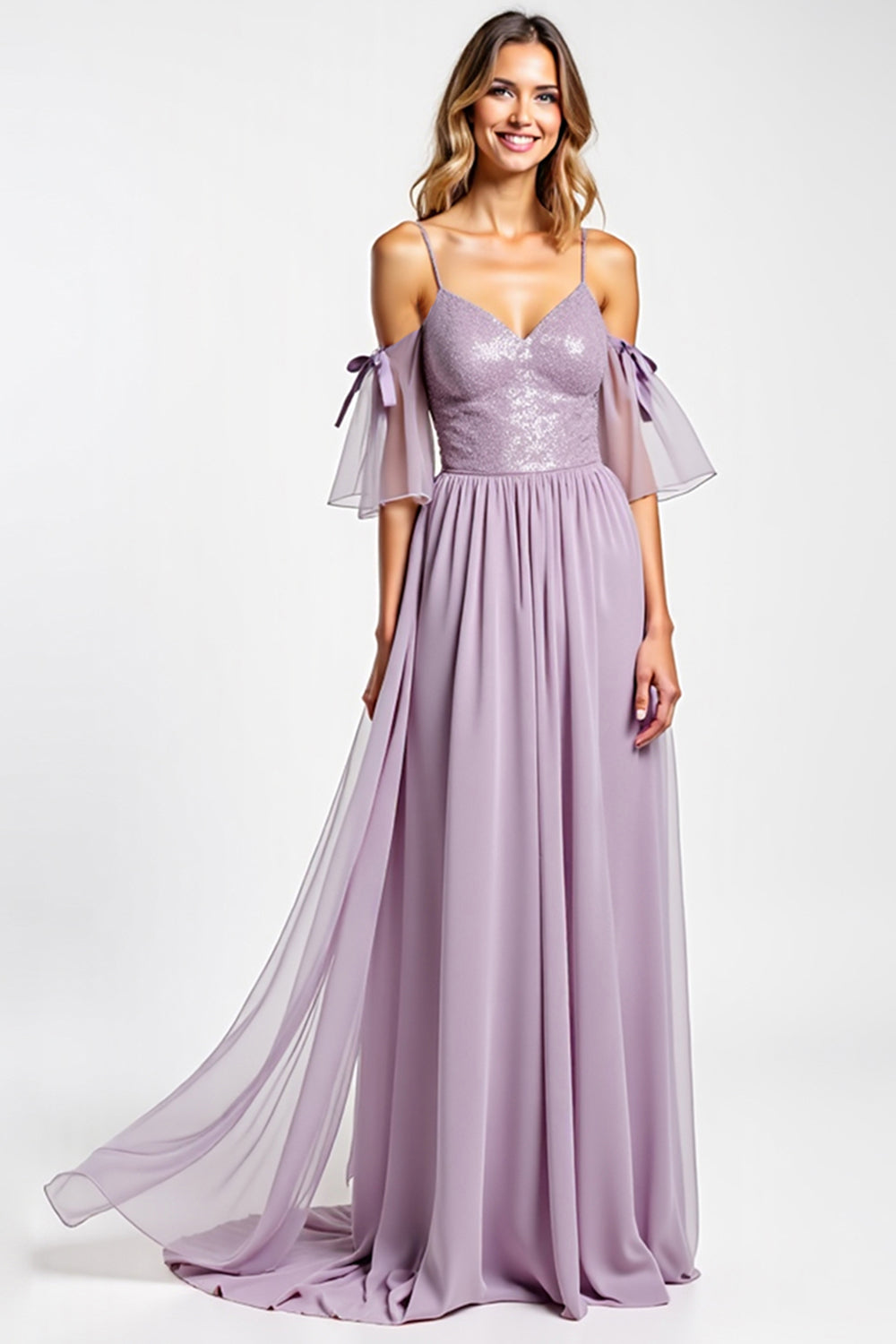 Purple A Line Chiffon Long V-Neck Bridesmaid Dress
