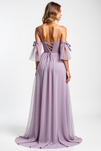 Purple A Line Chiffon Long V-Neck Bridesmaid Dress