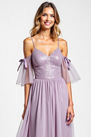 Load image into Gallery viewer, Purple A Line Chiffon Long V-Neck Bridesmaid Dress