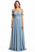 Load image into Gallery viewer, Chiffon Dusty Blue A Line Off the Shoulder Long Bridesmaid Dress