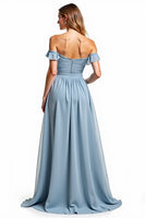 Load image into Gallery viewer, Chiffon Dusty Blue A Line Off the Shoulder Long Bridesmaid Dress