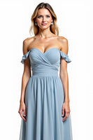 Load image into Gallery viewer, Chiffon Dusty Blue A Line Off the Shoulder Long Bridesmaid Dress