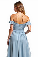 Load image into Gallery viewer, Chiffon Dusty Blue A Line Off the Shoulder Long Bridesmaid Dress