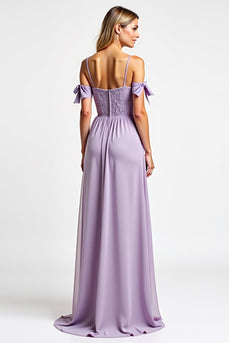Purple Chiffon Spaghetti Straps Long Bridesmaid Dress