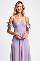 Load image into Gallery viewer, Purple Chiffon Spaghetti Straps Long Bridesmaid Dress