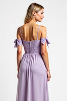Load image into Gallery viewer, Purple Chiffon Spaghetti Straps Long Bridesmaid Dress