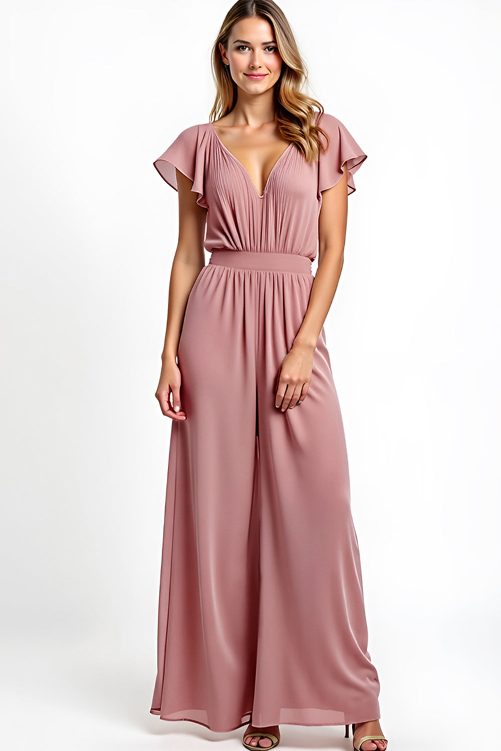 Dusty Rose Chiffon Backless Long Bridesmaid Jumpsuit