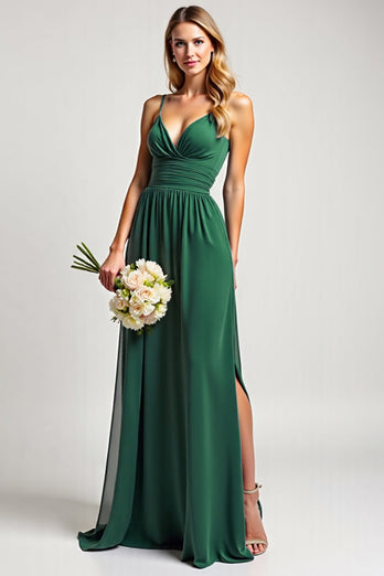 Chiffon Dark Green A Line Backless Long Bridesmaid Dress with Slit