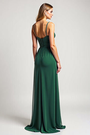 Chiffon Dark Green A Line Backless Long Bridesmaid Dress with Slit