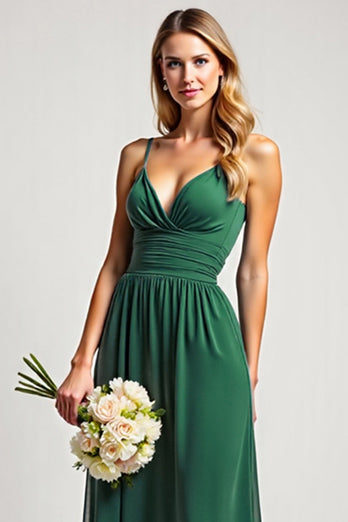 Chiffon Dark Green A Line Backless Long Bridesmaid Dress with Slit