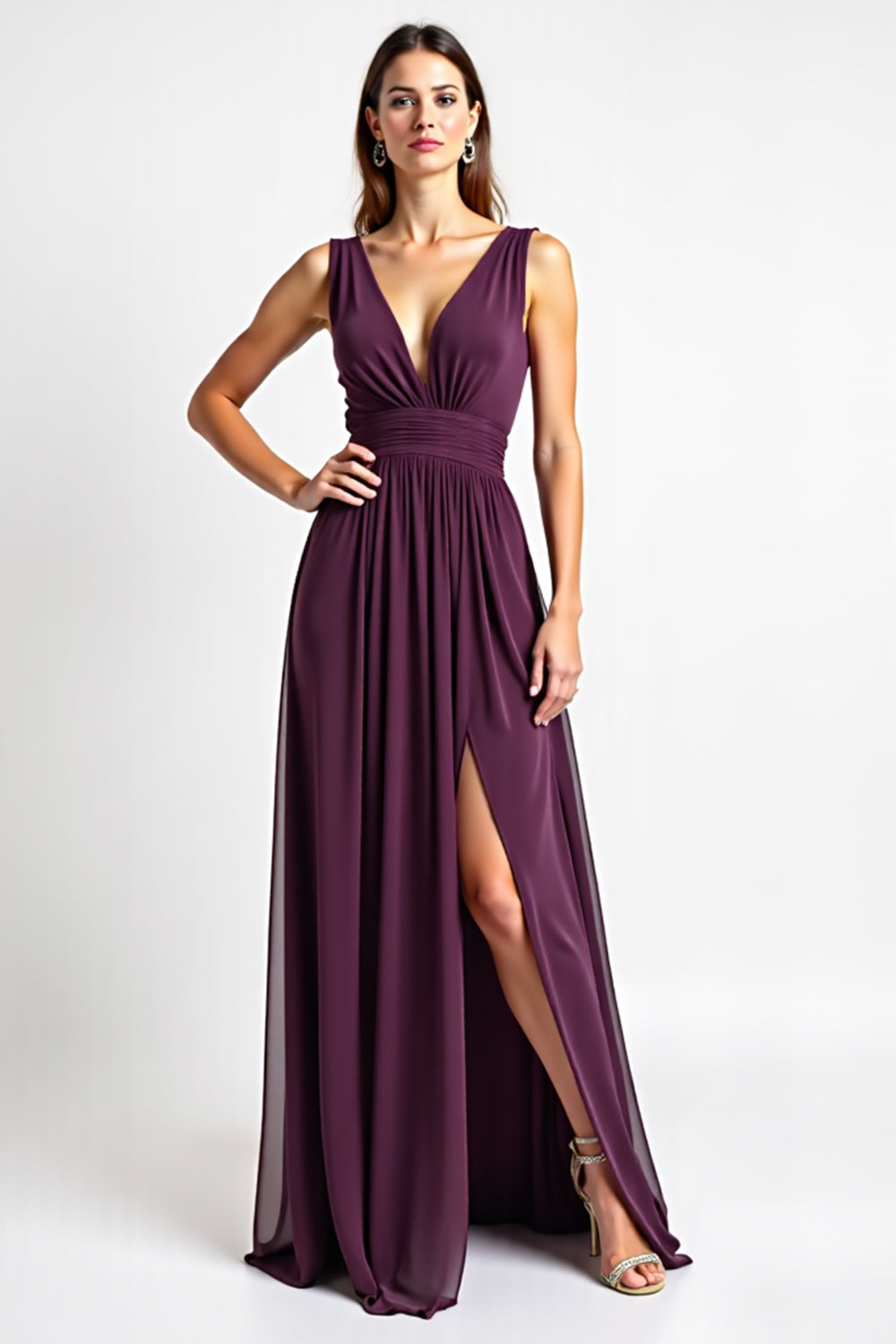 Purple Chiffon A Line V-Neck Long Bridesmaid Dress with Slit