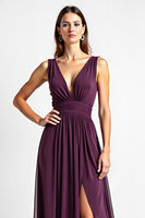 Load image into Gallery viewer, Purple Chiffon A Line V-Neck Long Bridesmaid Dress with Slit