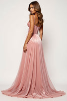 Load image into Gallery viewer, Corset Blush Pink A Line Tulle Long Prom Dress with Slit