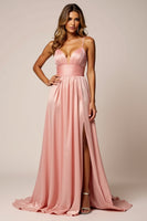 Load image into Gallery viewer, Sparkly Blush Pink A Line Satin V-Neck Long Prom Dress with Slit