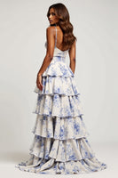 Load image into Gallery viewer, Sweetheart Blue Flower Chiffon Tiered Long Prom Dress with Slit