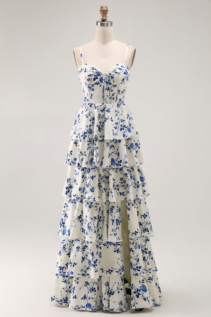Load image into Gallery viewer, Sweetheart Blue Flower Chiffon Tiered Long Prom Dress with Slit