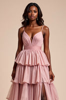 Load image into Gallery viewer, Dusty Rose A Line Tiered V-Neck Long Prom Dress with Slit