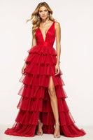 Load image into Gallery viewer, Red A Line Tulle Deep V-Neck Long Tiered Prom Dress with Slit