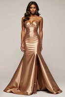 Load image into Gallery viewer, Golden Mermaid V-Neck Long Satin Prom Dress with Slit