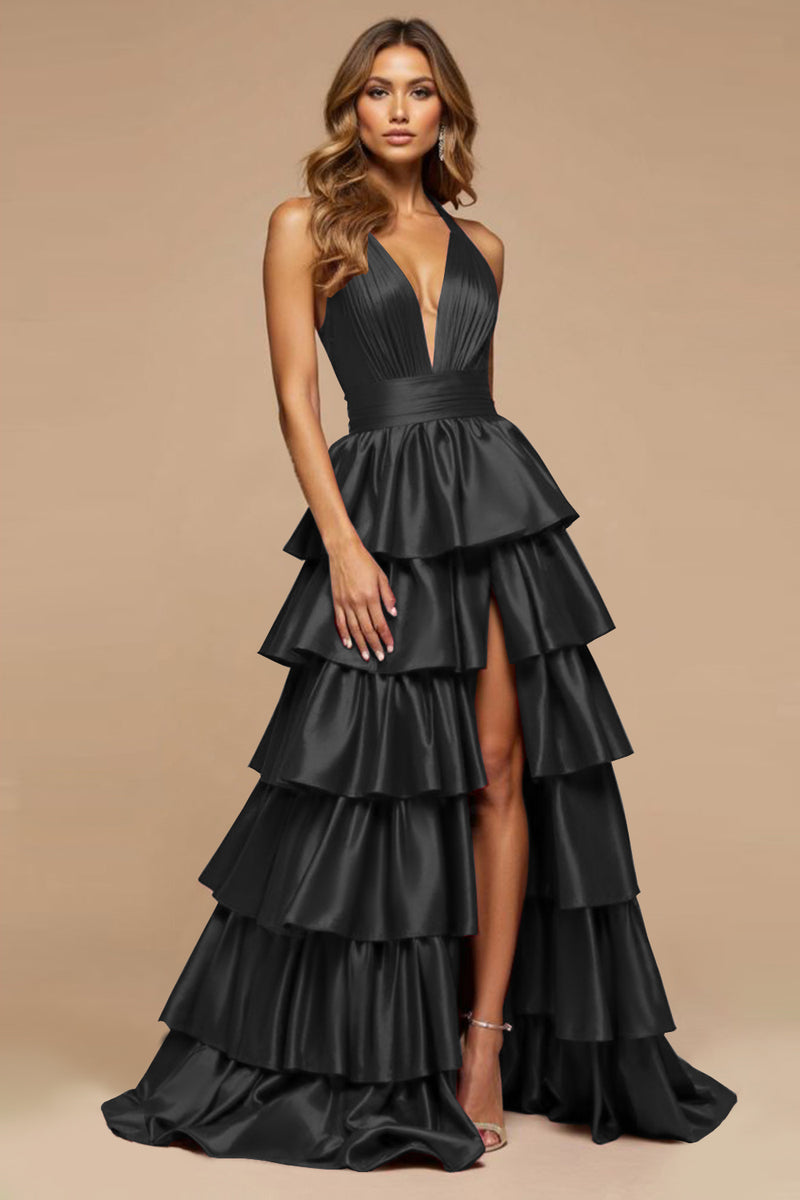 Load image into Gallery viewer, Burgundy A Line Tiered Deep V-Neck Long Satin Prom Dress with Slit