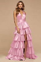 Load image into Gallery viewer, Burgundy A Line Tiered Deep V-Neck Long Satin Prom Dress with Slit