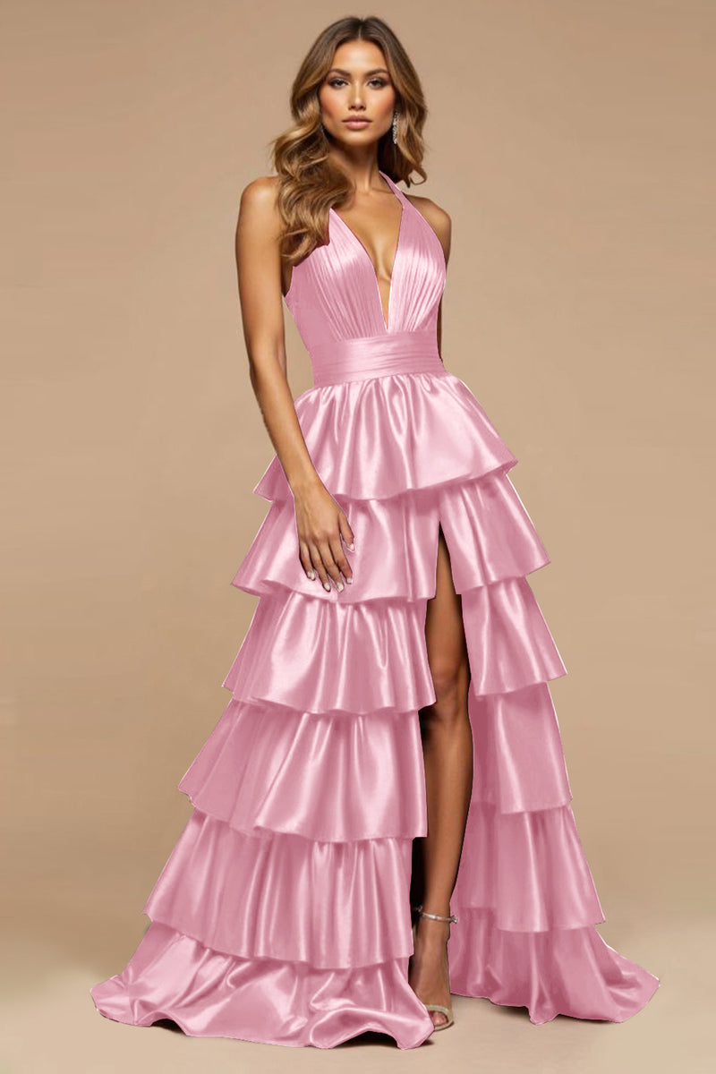 Load image into Gallery viewer, Burgundy A Line Tiered Deep V-Neck Long Satin Prom Dress with Slit