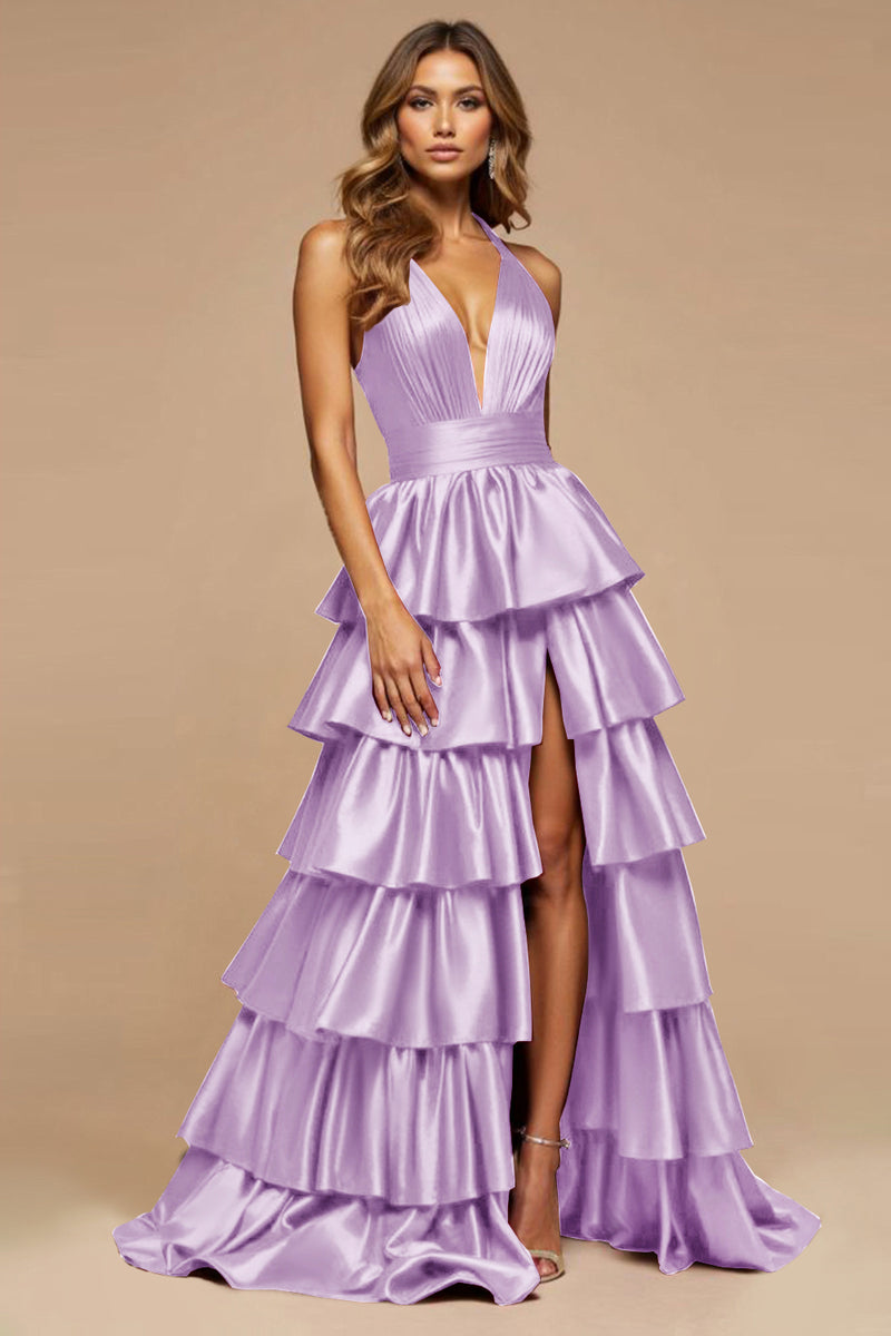 Load image into Gallery viewer, Burgundy A Line Tiered Deep V-Neck Long Satin Prom Dress with Slit