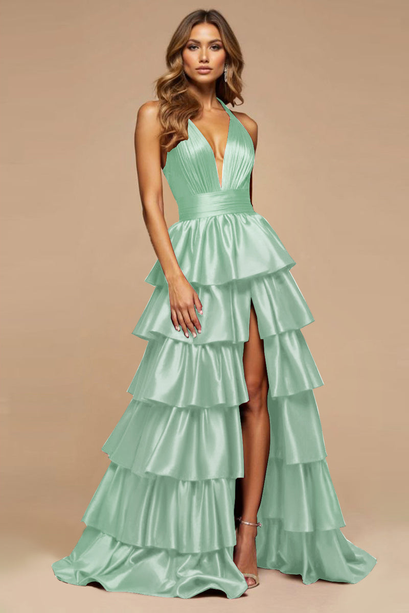 Load image into Gallery viewer, Burgundy A Line Tiered Deep V-Neck Long Satin Prom Dress with Slit