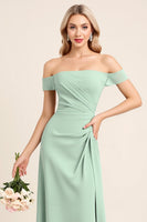 Load image into Gallery viewer, Mint Sheath Chiffon Strapless Off the Shoulder Long Bridesmaid Dress