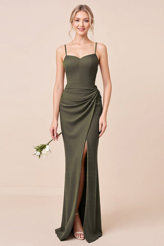 Olive Sheath Chiffon Corset Long Bridesmaid Dress with Slit